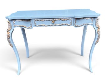 Vintage French Desk – Robins Egg Blue, Gold Leaf Acanthus Accents