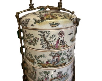 Stunning antique Chinese tiffin serving dishes - faux bamboo details