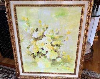 Beautiful vintage yellow roses painting - gorgeous frame too!