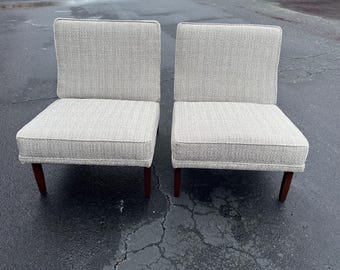 Mid Century Florence Knoll Slipper Chairs: New Upholstery, Walnut Legs - Pair