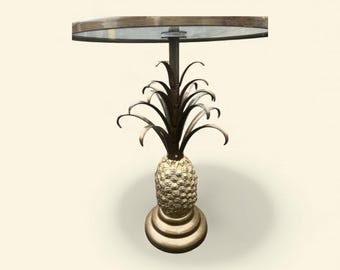 Vintage Metal Pineapple End Table with Glass Top