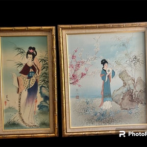 Two beautiful hand painted Asian themed paintings in faux bamboo frames image 1