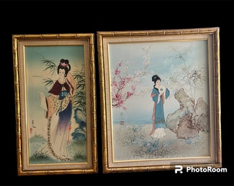 Two beautiful hand painted Asian themed paintings in faux bamboo frames