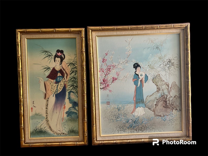 Two beautiful hand painted Asian themed paintings in faux bamboo frames image 1