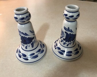 Pretty vintage blue and white  hand painted candle holders - made in Thailand