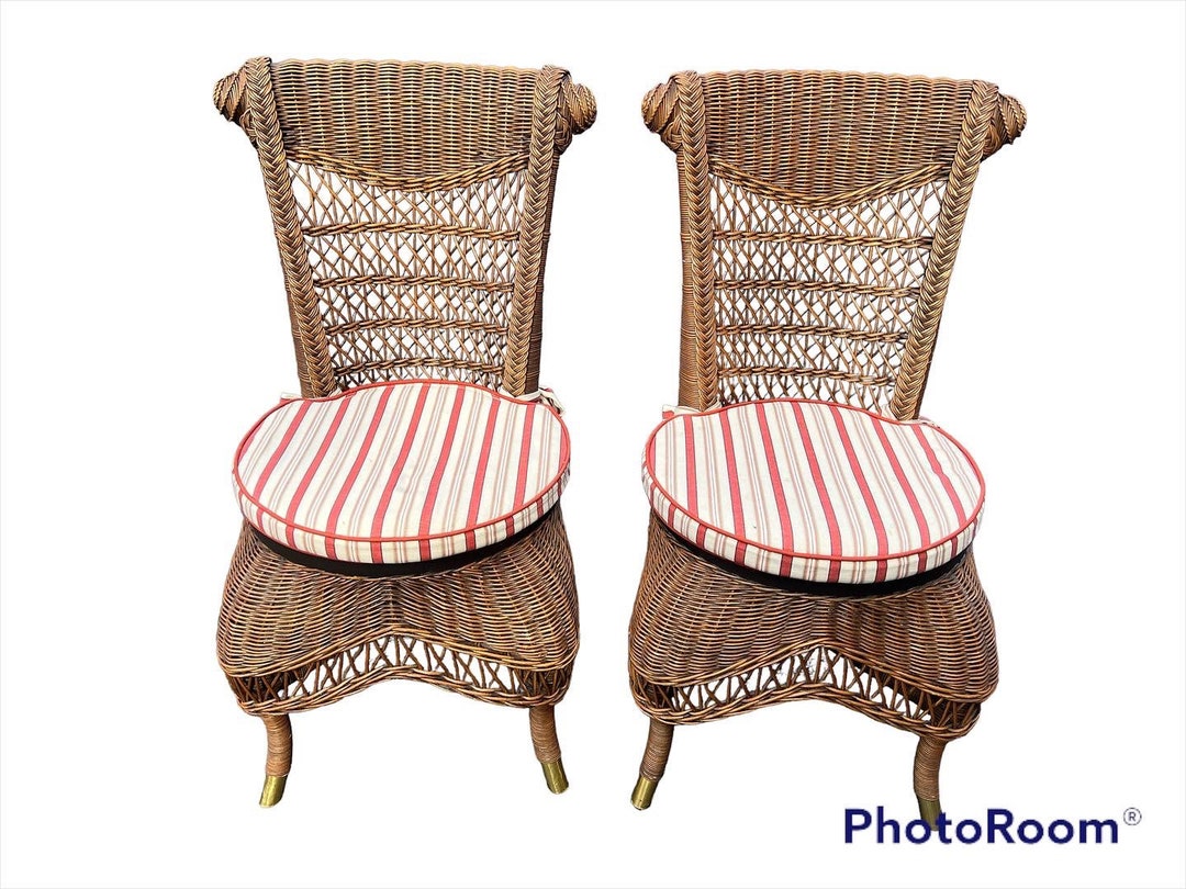 Lovely Pair of Vintage Wicker Chairs With Wooden and Cane Seats Custom