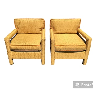 Vintage Milo Baughman Style Parsons Chairs: Orange Gold Upholstery, Pair