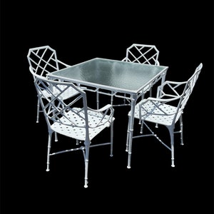 Incredible set of vintage Brown Jordan faux bamboo Calcutta dining chairs and table.