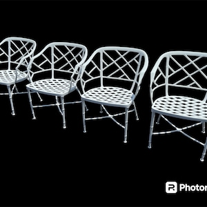 Incredible set of four vintage Brown Jordan faux bamboo Calcutta dining chairs with arms