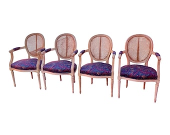 Set of Four Vintage Louis XVI Cane Dining Chairs – Custom Paisley Fabric