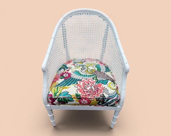 Vintage Cane Barrel Chair with Faux Bamboo Accents and New Floral Upholstery