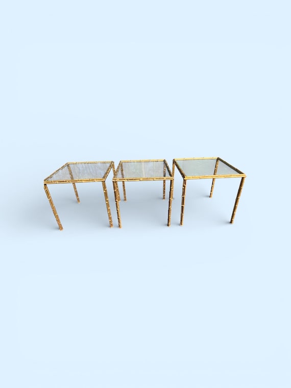Vintage Metal Faux Bamboo Side Tables Set, Glass Top Coffee Tables