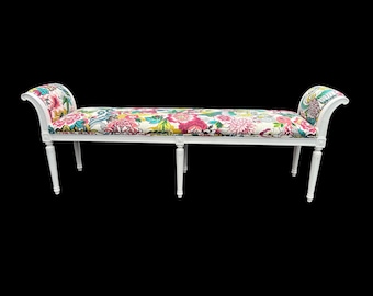 Vintage Hollywood Regency Bench: White Frame, Floral Upholstery, Neoclassical Legs