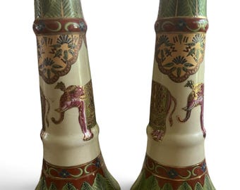 Vintage Chinoiserie Elephant Candle Holders, Ceramic Pair (10" x 4")