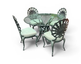Great set of four vintage  Tropitone / Brown Jordan grotto - shell back chairs and matching table with glass top
