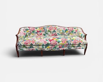 Vintage French Provincial Sofa: Floral Upholstery, Down Cushion, Carved Wood Frame