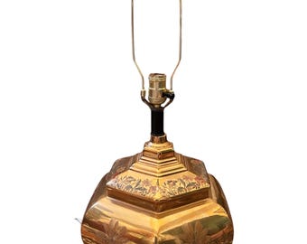 Vintage Brass Chinoiserie Ginger Jar Lamp, Hand-Painted Floral Details, Wooden Base