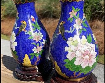 Beautiful vintage petite cloisonné vases with wooden stands