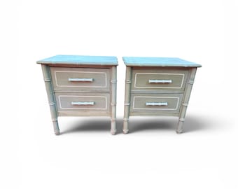 Vintage Faux Bamboo Nightstands with Metal Handles (Pair)