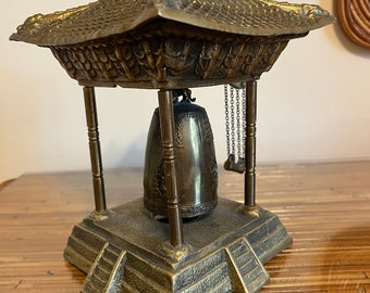 Vintage Oriental Solid Brass Gong Bell Prayer Pagoda Temple with Brass Hammer
