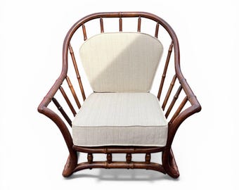 Oversized Vintage Faux Bamboo Armchair with New Neutral Upholstery – Solid Wood Carving