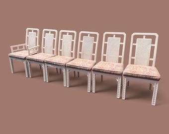 Set of Six Vintage Fretwork Cane Dining Chairs – Newly Upholstered