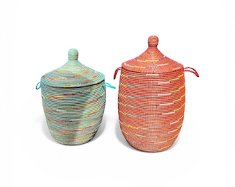 Large Woven Storage Baskets with Handles – Colorful, Lidded Home Decor