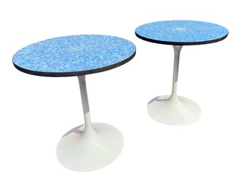 Mid Century Tiled Top Tulip Base Tables – Pair, New Base Paint
