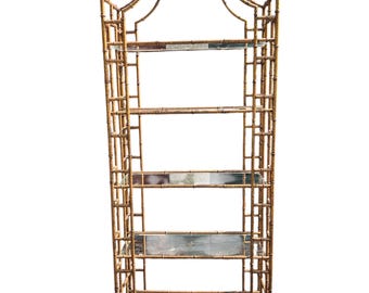 Vintage Faux Bamboo Metal Shelf with Glass Shelves