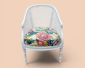 Vintage Cane Barrel Chair with Faux Bamboo Accents and New Floral Upholstery