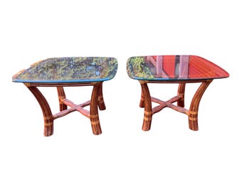 Vintage McGuire style leather wrapped bamboo end / side tables - a pair