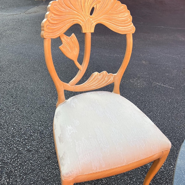 1980s Phyllis Morris Inspired Dining Set: Lotus Carved Wood, Lime Wash Finish
