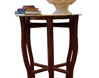 Pretty petite vintage  folding brass tray table with bamboo carved accents