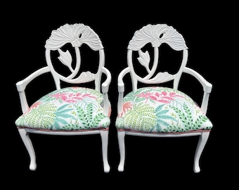 Pair White Lotus Carved Occasional Chairs with Floral Upholstery