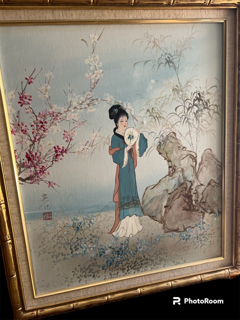 Two beautiful hand painted Asian themed paintings in faux bamboo frames image 5