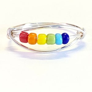 Fidget Ring Sterling Silver with Rainbow Worry Ring / fidget Ring / fidgit ring / kids Worry Ring /Fidget Ring Rainbow Beads/ Gold Band