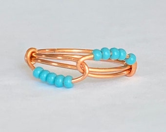 Turquoise Seed Bead and Copper band Fidget Ring