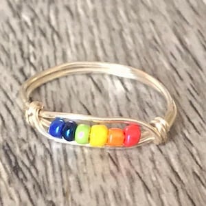 Rainbow Worry Ring / fidget Ring / kids Worry Ring / Stacker Ring / Rainbow Beads/ Gold Band