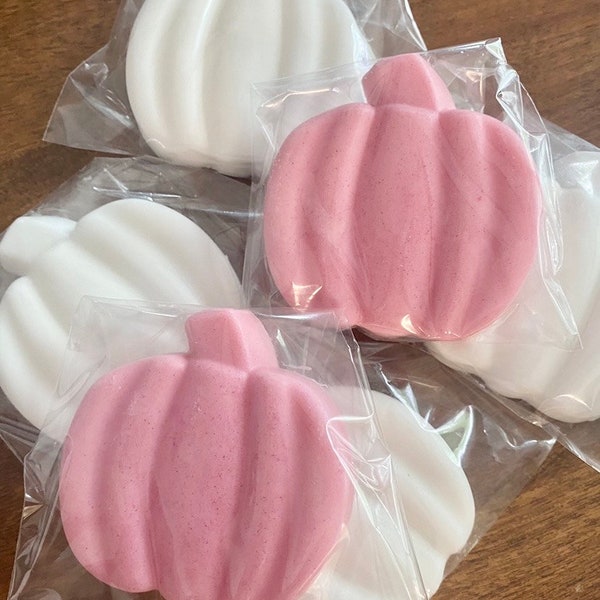 Pink and White Pumpkin Shaped Soap Favors / Fall Wedding Favors / Baby Shower Favors Custom Labels / Set of Orange and Gold Shimmery Pumpkin