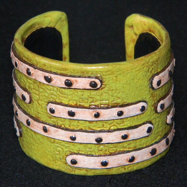 Cuff Bracelet Distressed Boho  Polymer Clay Mid Century Modern Retro Jewelry BUTTON UP by Donna Pellegata