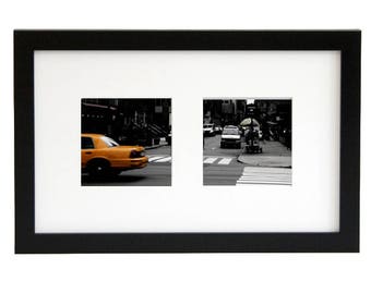 Instagram Picture Frame - 8x13 - thin black wood with matting - fits two square photos