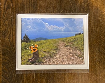 Note Card Greeting Card Mountain Trail Boots Flowers Sunflowers Western Rustic Photography Stationery