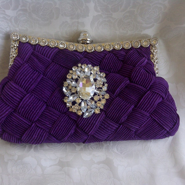 Bridal Purple Crystal Clutch, Satin Wedding Purse, Crystal Rhinestone Brooch, Something New, Formal Party Clutch