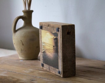 Surf art - gift for surfers - handmade photo frame - reclaimed wood -  bespoke  - surfing sunset  photo  - one of a kind