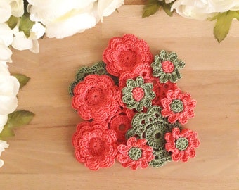 12pcs Lacy Mixed Crochet Flowers in Cornelia Rose & Forest Green