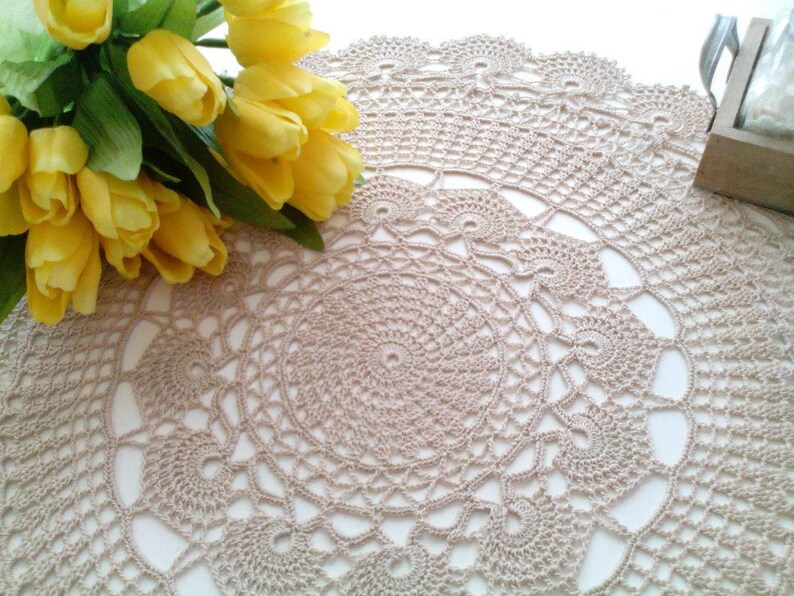Model Urania 22 inch or 56 cm Center Piece Doily Table Decoration Beige Color Crochet Lace Doily