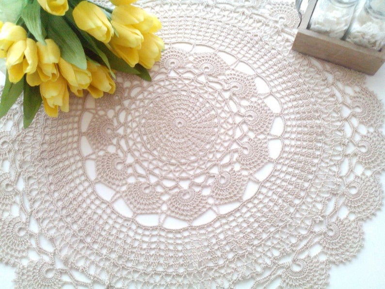 Model Urania 22 inch or 56 cm Center Piece Doily Table Decoration Beige Color Crochet Lace Doily