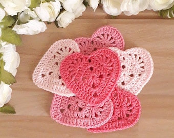 6pcs Crochet Country Hearts in pink colors- 3 inch - 7,5 cm