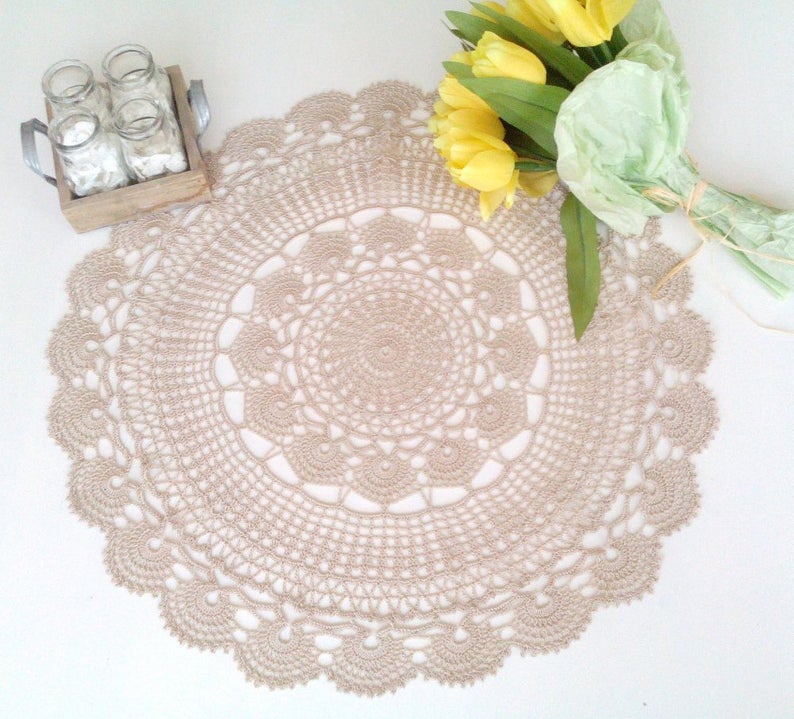 Model Urania 22 inch or 56 cm Center Piece Doily Table Decoration Beige Color Crochet Lace Doily