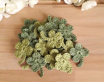 16pcs Crochet Clovers or Shamrocks in green colors- 1 1/4 inch or 3 cm